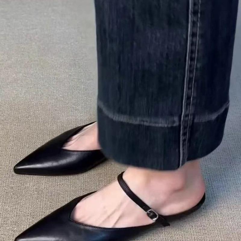 Fashion 2025 New Style Pointed-toe Thick-soled Toe Half-slipper French One-button Strap Fashionable Shallow Mouth Muller Shoes