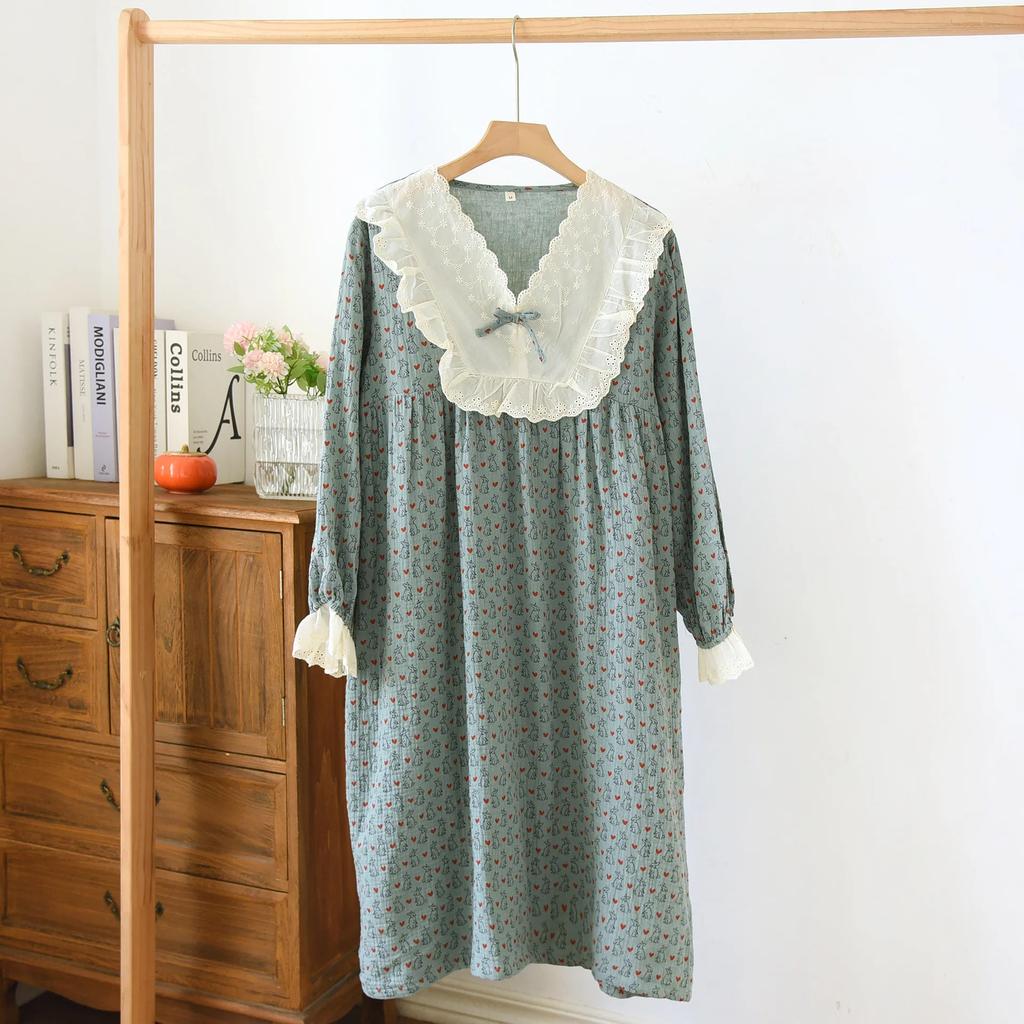Spring and Fall Women's Cotton Long Sleeved Nightgown Simple Plus Size Double-layer Gauze Lace Design Night Wear Dress Outfit