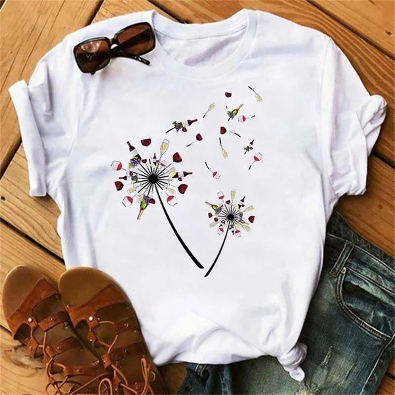 Wine Glasses Printed Tshirts Women Summer Short-sleeve Wine Glass Funny Casual T Shirts Female Black Tops Woman Clothing