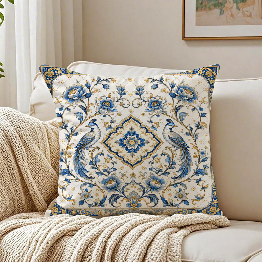 Mediterranean Blue Floral Pillow Case Breathable Organic Short Plush Cushion Covers WrinkleResistant Soft Durable