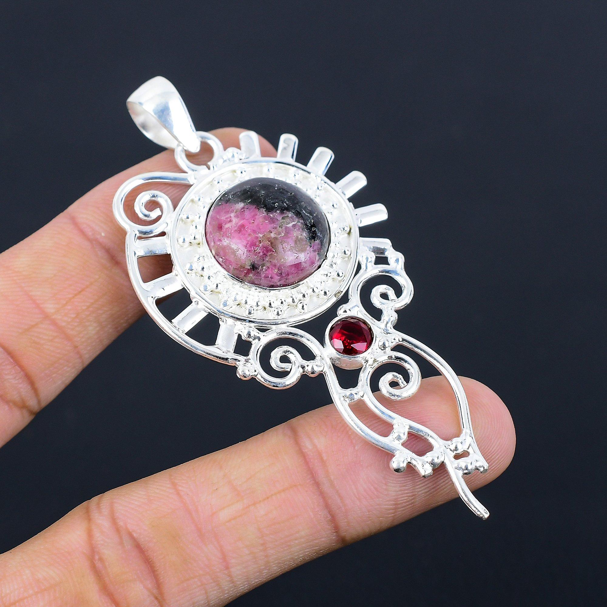 

925 Sterling Silver Natural Rhodonite Mozambique Garnet Bezel Pendant Jewelry