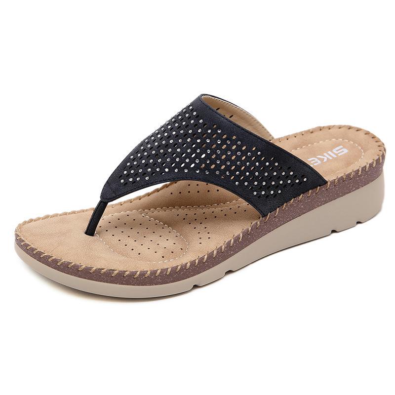 European And American Slippers Wedge Rhinestone Laser Flip-Flops Breathable Hollow Comfortable And Fashionable Flat Bottom
