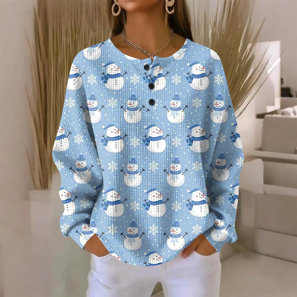 Women's Fashionable Casual Christmas Print V-Neck Long-Sleeved Button-Down Blouse