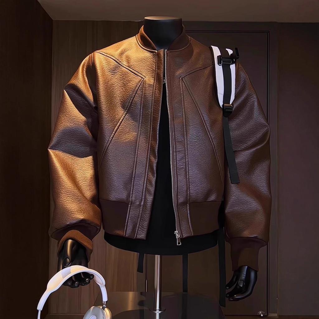 Hong Kong-style retro motorcycle uniform, men's autumn ruffian, handsome fashion outfit, vintage baseball collar, PU leather jacket, jacket, jacket