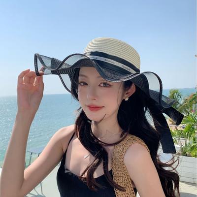 Bucket Hat Women'S Versatile Outdoor Leisure Beach Straw Hat Sun Protection Big Eaves Bow Shade Sun Hat