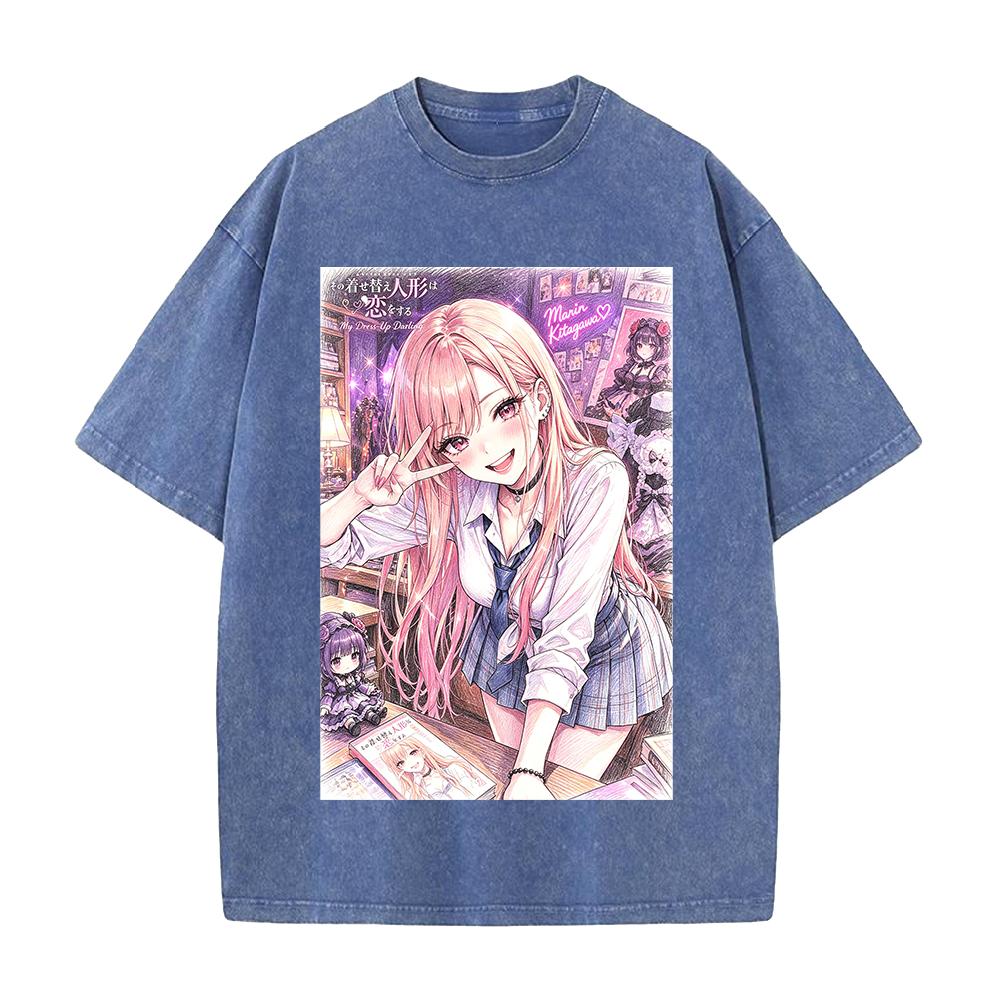 Anime My Dress Up Darling Kitagawa Marin Bedrucktes T-Shirt Herren Damen Gewaschene Baumwolle T-Shirts Kurzarm Kleidung Vintage Streetwear