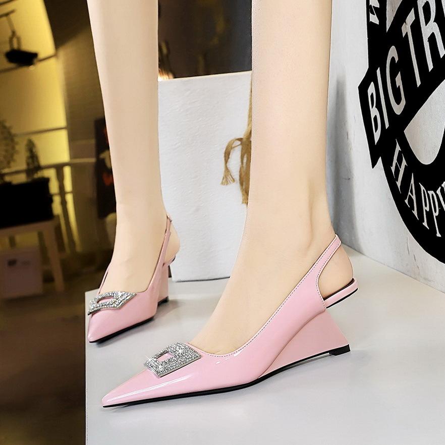 Fashion Patent Leather High Heels Wedges Shoes Lady Trendy Pumps Pointed Toe Hollow Back Strap 6.5 Cm Women Sandals White Heels Shoes