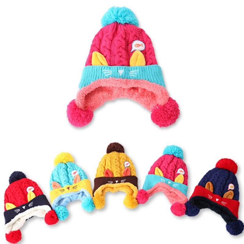Cozy Baby Knitted Hat For Winter With Cute Cat Design Thickened Plush Ears Suitable For Boys And Girls Aged 5 To 24 Months Available In Red Yellow
