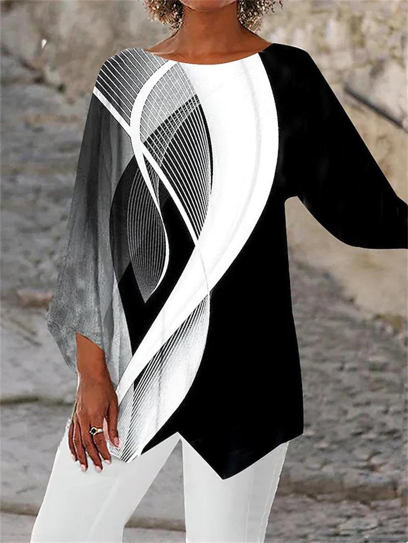 

Модная женская рубашка с геометрическим принтом, с круглым вырезом, весенне-летняя, свободного кроя, больших размеров, офисная, длинная блузка, уличная одежда, повседневные топы, элегантная одежда 4XL