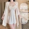 Women's Mesh Flutter Sleeve Deep V Padded Sleep Dress with Robe Lounge Set