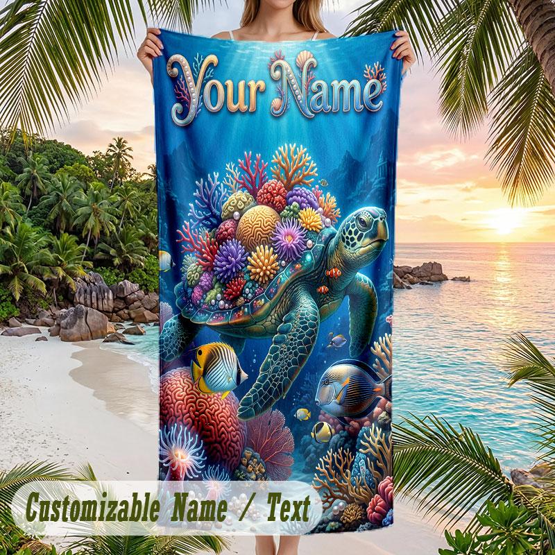 Ocean Life Adventure 2 Theme Quick Dry Beach Towel Custom Name Text Print Large Sand Resistant Towel Beach Vacation