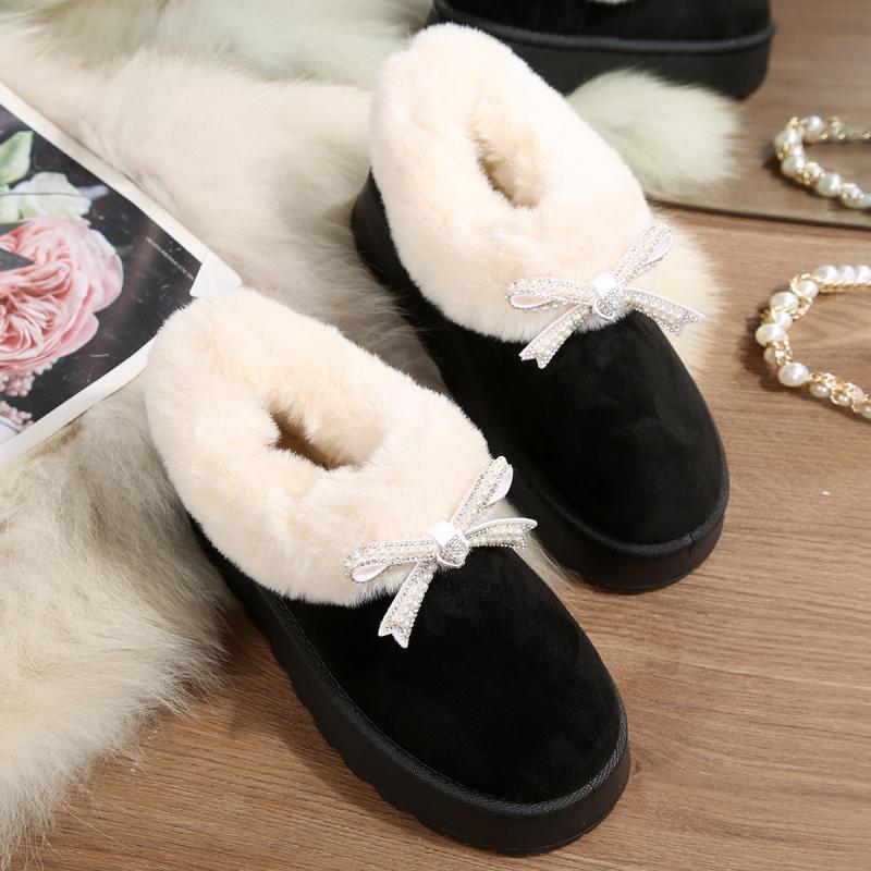 Thick Bottom Fluffy Fur Snow Boots Women 2025 Winter Warm Plush Ankle Boots with Platform Sweet Bowknot New Furry Non Slip Shoes