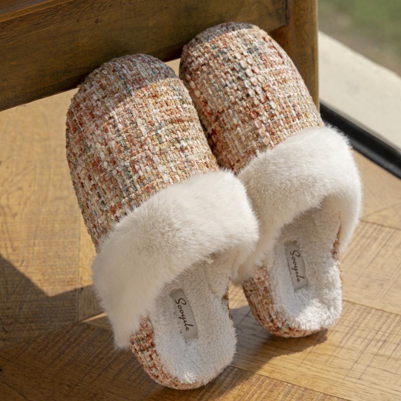 New thick-soled heightened small fragrant slippers autumn and winter indoor household velvet warm and non-slip wool cotton slippers