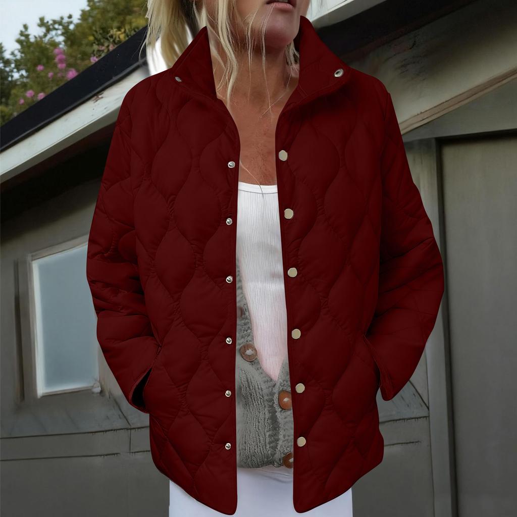 Women's Solid Color Stand-Up Collar Pleated Cotton Long Sleeve Button-Up Jacket
