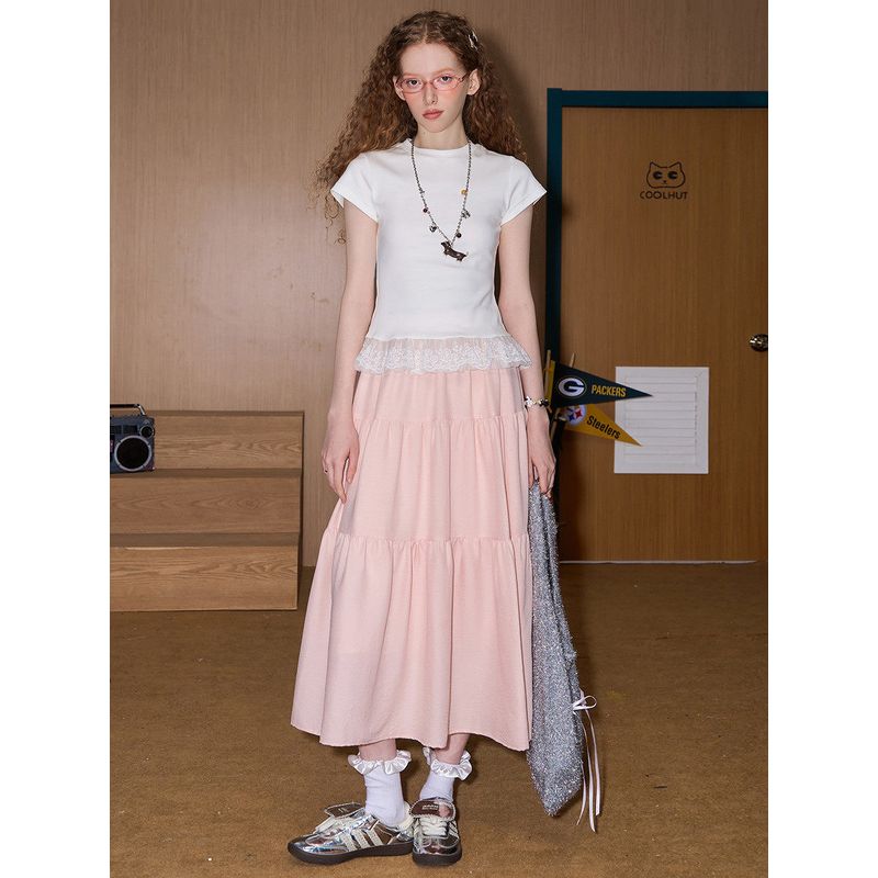 Coolhut Spliced Lace Simple Round Neck Slim Fit Lace Trim 2025 Summer Women's T-Shirt Sweet Design