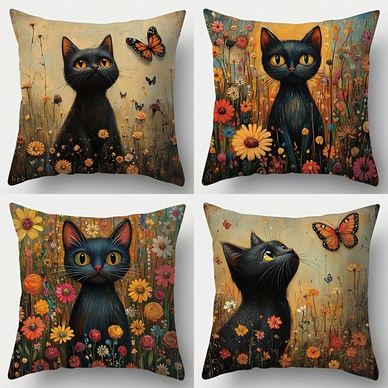 

4 Piece Set New Pillow Covers Featuring A Black Cat With Bright Eyes And Lively Expression Perfect For Decorating Your Home Sofa 35x35cm 4pcs