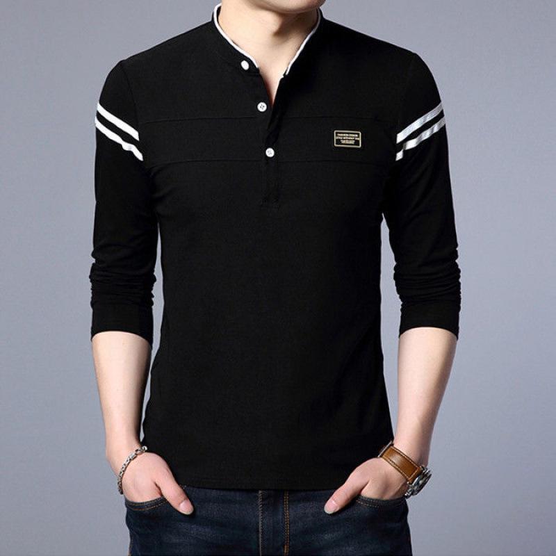 Men's Spring & Autumn Slim-Fit Long-Sleeve Stand Collar T-Shirt - Korean Style