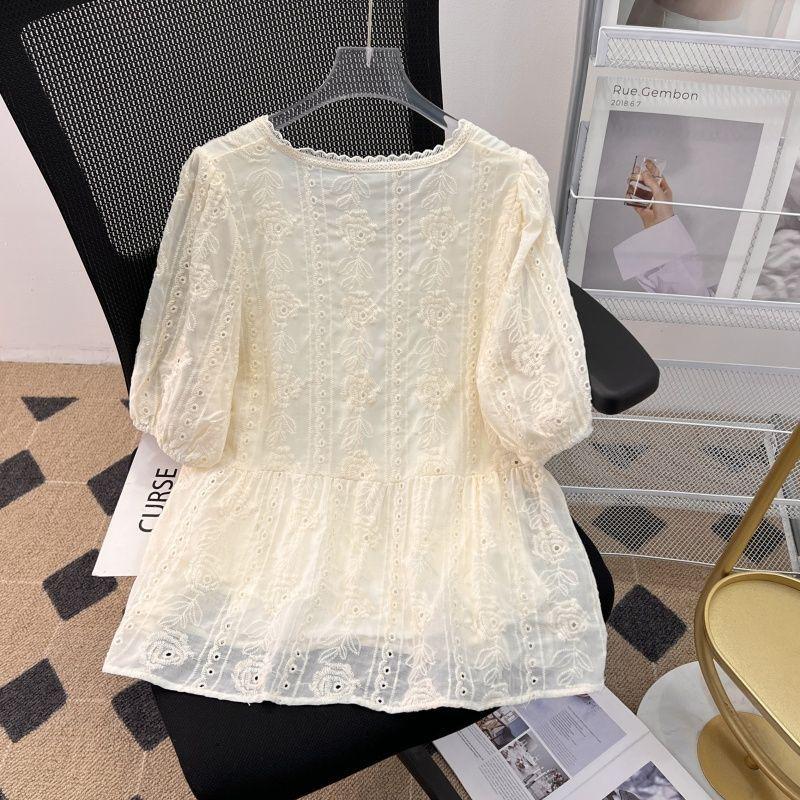 Spring 2025 Korean Style Lace Embroidered Square Neck Shirt - Versatile, Slimming, Long Sleeve Top
