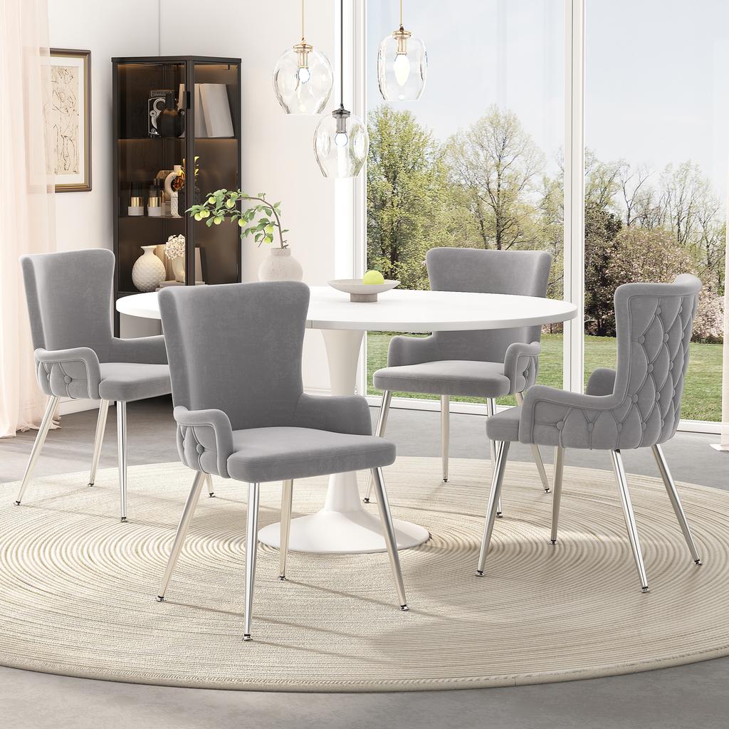 Velvet dining chair, set of 2, luxurious living room/bedroom lounge chair with four silver-colored metal support legs, gray [OLD SKU:N634P184684G]