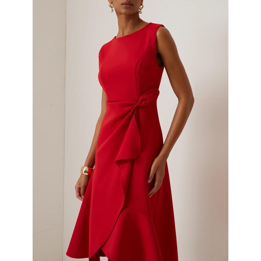 Women s Round Neck Sleeveless Waist Tie Wrap Midi Dress Elegant Formal Party Dress XS красный