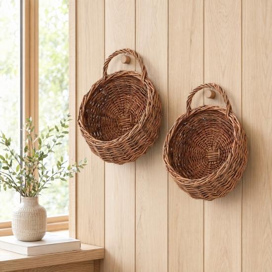 Hand-woven Wicker Basket, Hanging Flower Basket with Handle, Rustic Plant Basket Planter for Indoor Outdoor Wall Decoration