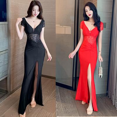 New Summer Sexy Women's Lace Splicing V-neck Dress, Be Careful with High Waist Temperament Long Dress and Thin Dress