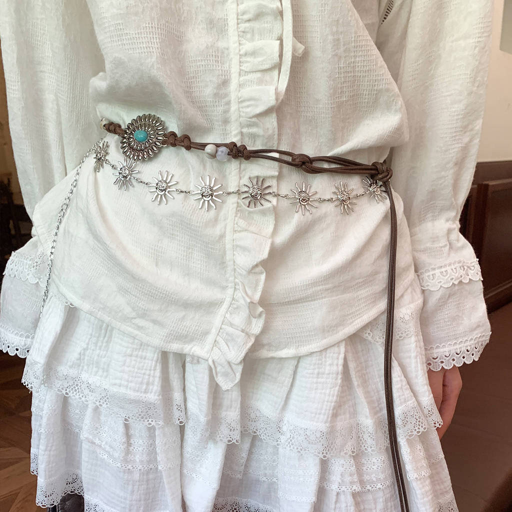 Bohemian Retro Floral Waist Belt With Sunflower Chain For Summer Dresses