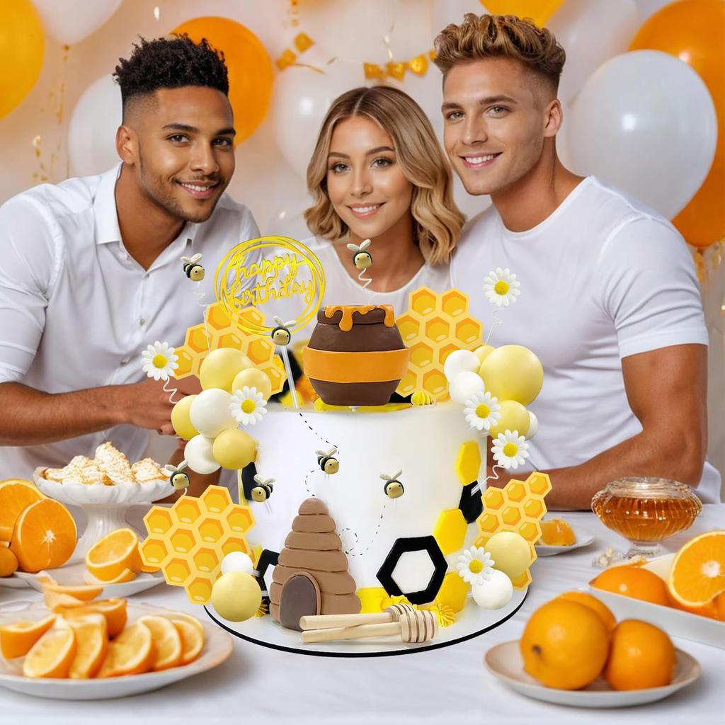 Bee Cake Toppers Honey Jar Cake Topper Honeycomb Cake Decorations for Baby Shower Bee Theme Birthday Party Decoration Supplies