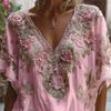 Women T-shirt V-Neck Short Sleeve 3D Imitation Jacquard Flower Decor Pullover Tops Loose Fit Summer Blouse Daily Wear