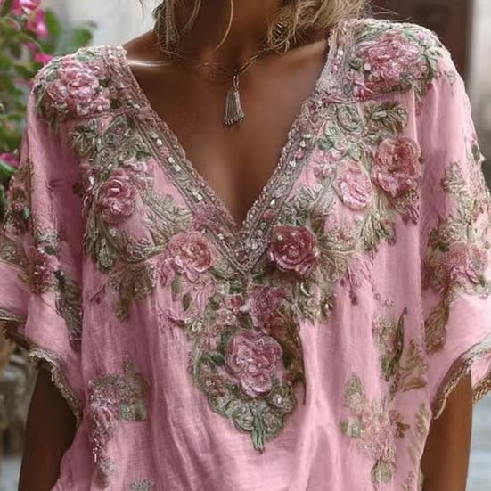 Women T-shirt V-Neck Short Sleeve 3D Imitation Jacquard Flower Decor Pullover Tops Loose Fit Summer Blouse Daily Wear