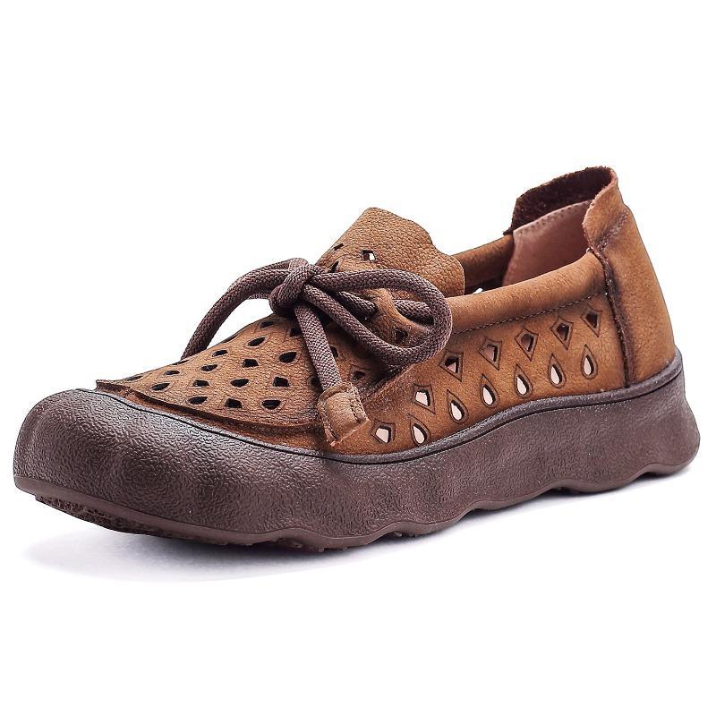 Ganzkalbsleder Sommer Neu Atmungsaktiv Lässig Lochschuhe Hohl Mutter Schuhe Rutschfest Muffin Dicksohlige Ledersandalen Damen