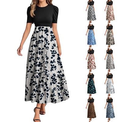 Moda feminina casual cinto manga curta gola redonda costura floral elegante vestido temperamento