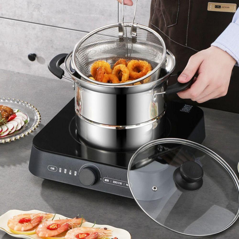 Visible Lid Deep Fryer Pot Stainless Steel Stockpot Multifunctional Pasta Pot  Tempura