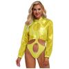 Womens Sparkly Sheer Top Hooded Long Sleeve Cropped Design Loose Fit Tops Club Rave Party
