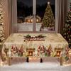 Tablecloth with Embossed Edges , Featuring a Merry Christmas Theme for Parties, Adorned with a Buffalo Check Bow, Poinsettias, Christmas Trees
