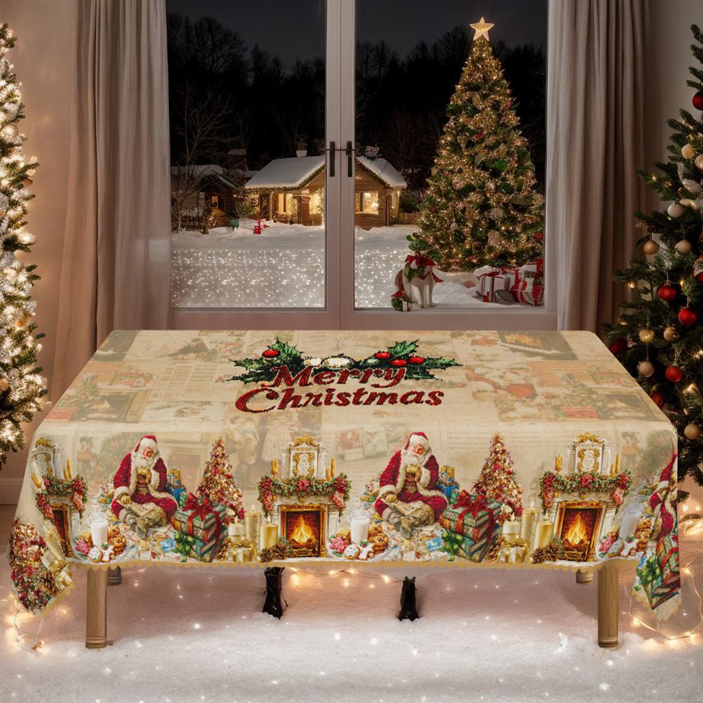 Tablecloth with Embossed Edges , Featuring a Merry Christmas Theme for Parties, Adorned with a Buffalo Check Bow, Poinsettias, Christmas Trees