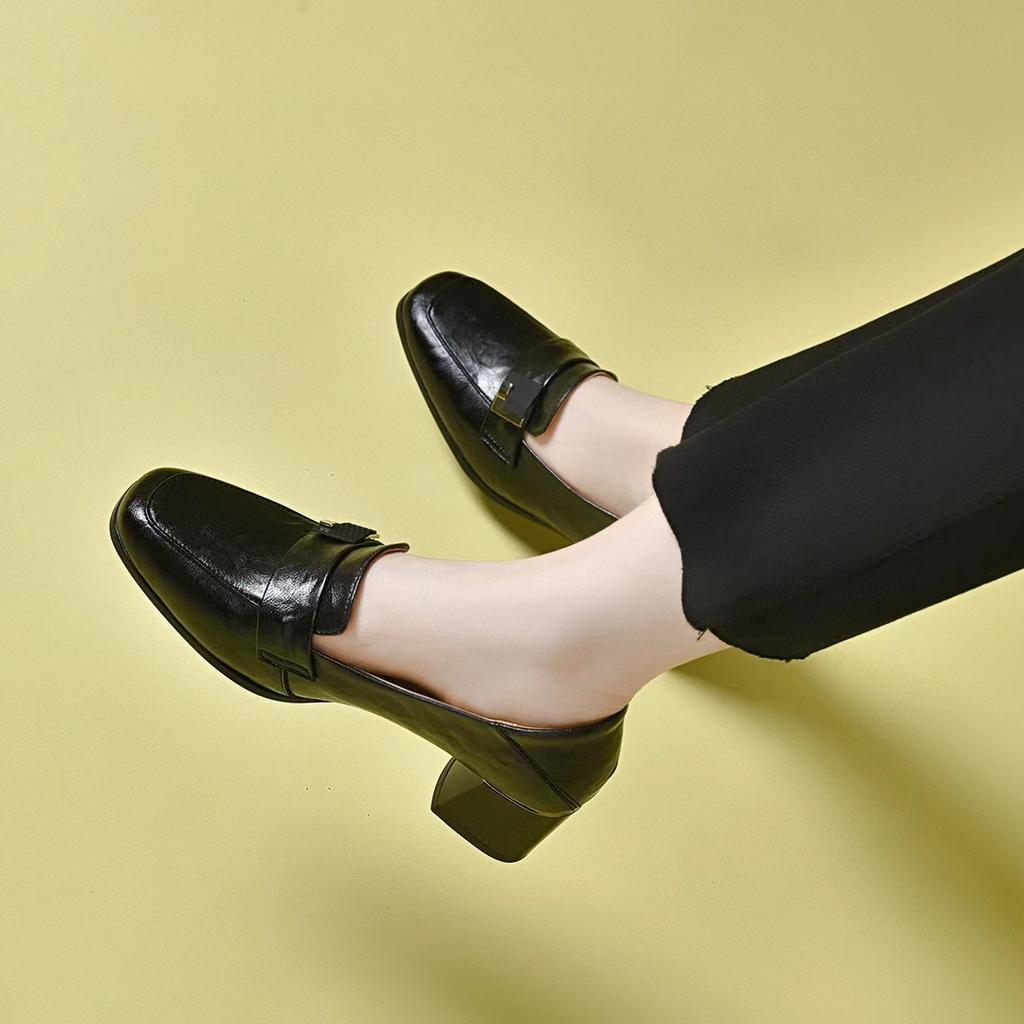 Square Head High Heels Women's Spring New Square Buckle Middle Heel Work Shoes One Pedal Thick Heel Women's Leather Shoes