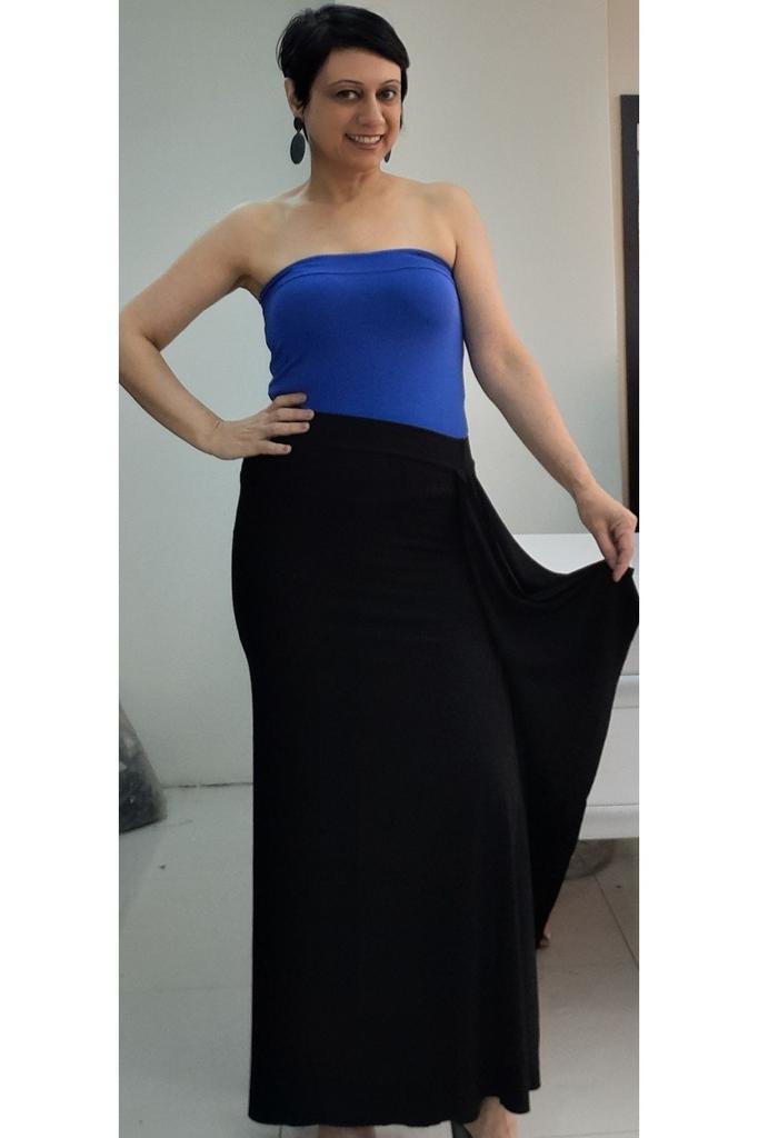 Women's Style Big Size Skirt Black Combed Cotton Viscose Handkerchief Skirt With Side Slits And Elastic Waist