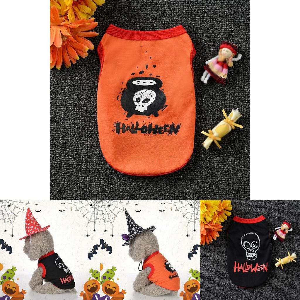 Halloween Themed Pet Dog Cotton Vest Shirt With Skull Print For Cats And Dogs