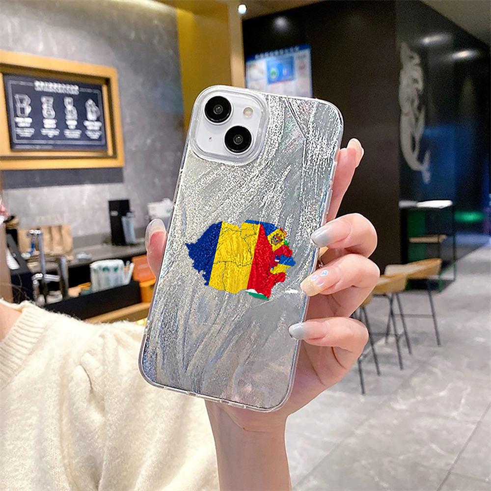N91 Moldova Flag Art Clear Frame Case for Samsung S25 Ultra A55 iPhone 16 15 Pro Max Xiaomi Redmi Note 13 Feather Chiffon Texture Silver Plated Cover