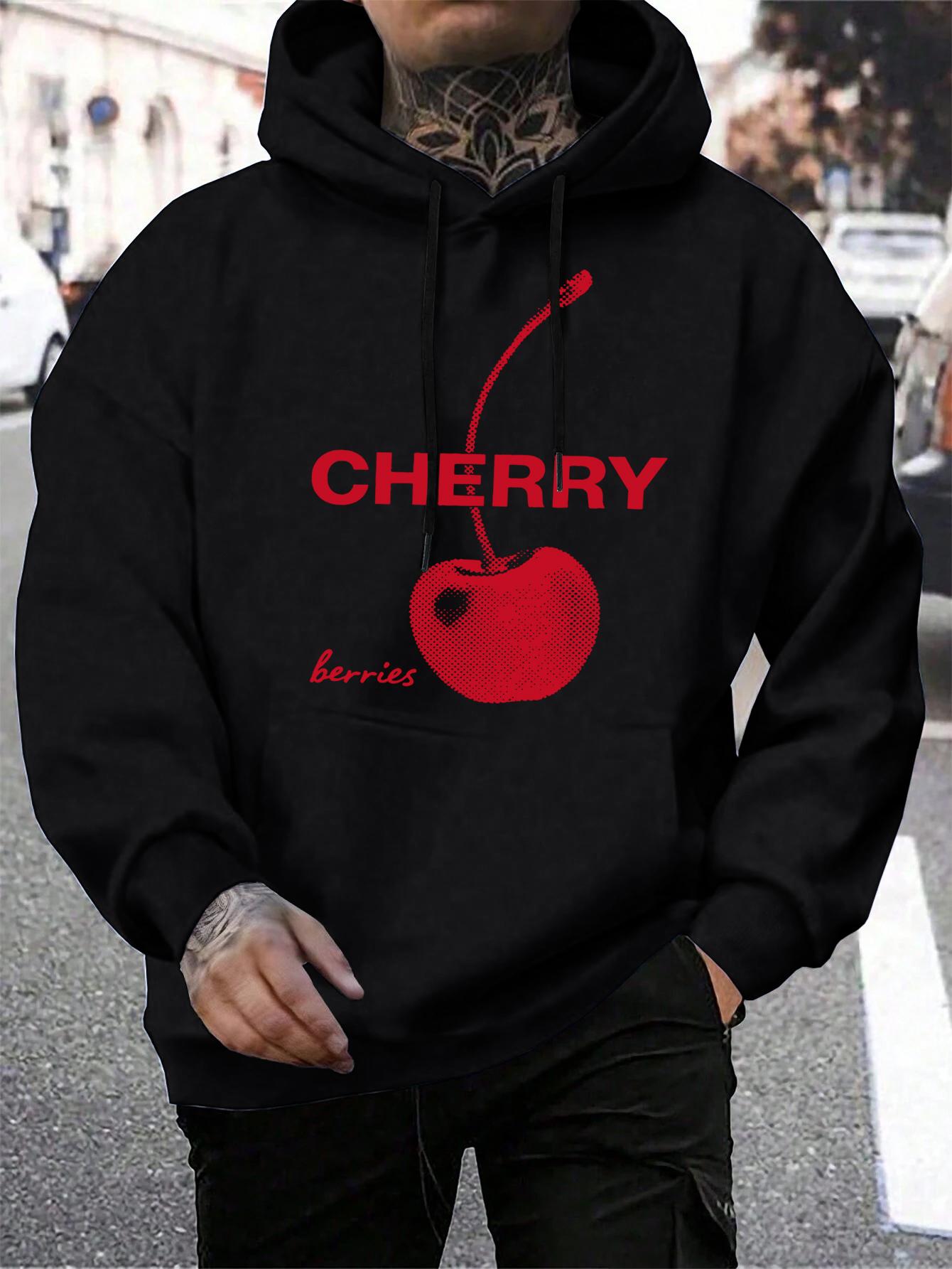 

Red Cherry Berries Fruit Pattern Men Hoodies Hip Hop Pocket Hoody Street Autumn Sportswears Fleece All-Match Man Clothes 3XL