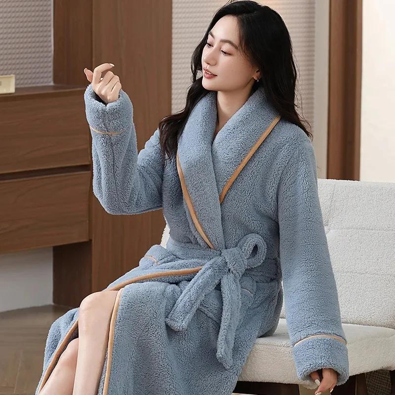Halat lung gros din fleece de corali pentru femei, de iarnă, pentru acasă, culoare pură, care reține căldura, halat de dimineață, design simplu, îmbrăcăminte de noapte de iarnă