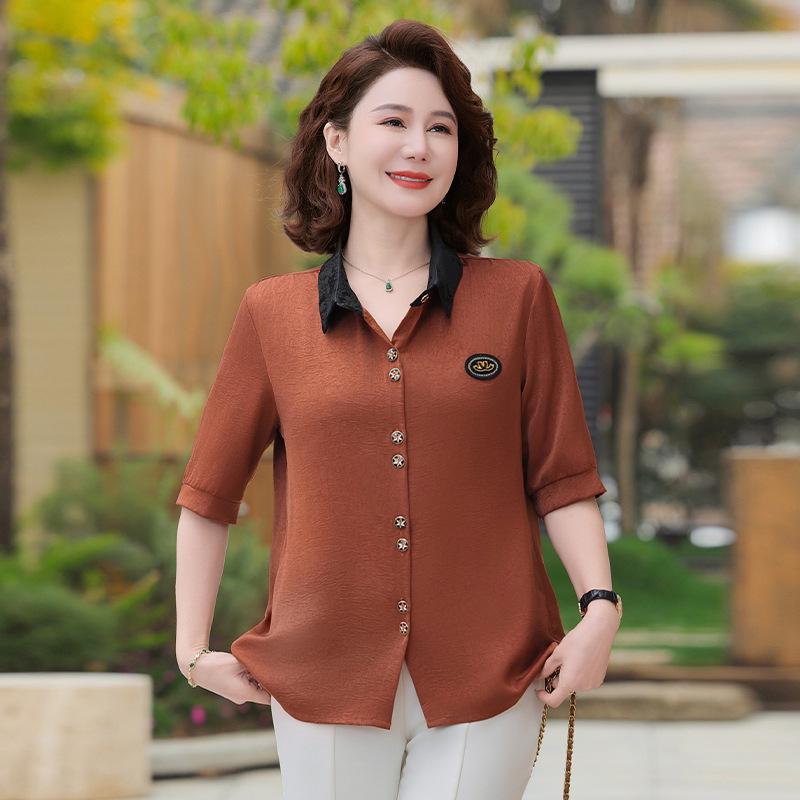 Women's Casual 3/4 Sleeve Shirt, Summer 2025, Turn-Down Collar, Slimming Top, Middle-Aged Mother's Blouse.