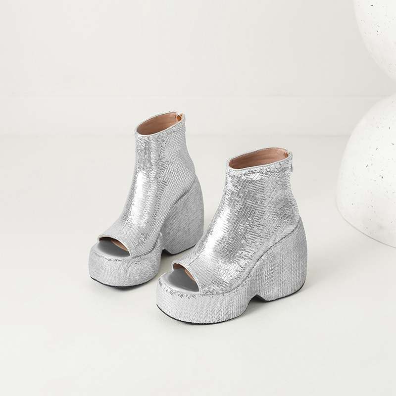 Krazing Pot Sequin Cloth Spring Summer Size 43 Size 42 Women Platform Women Peep Toe Toe Sexy Summer Boots Zipper Thick Bottom Pumps
