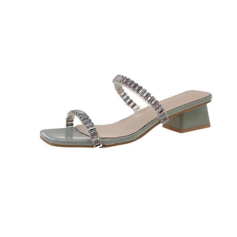 

2025 new summer outer wear fairy square head double row one-word diamond belt transparent thick heel sandals women high heels women 40