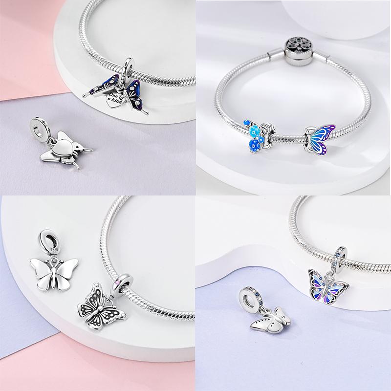 Elegant S925 Silver Butterfly & Dragonfly Multicolor Charms Beads Pendant 3mm DIY Fine Jewelry Making Accessories Gifts