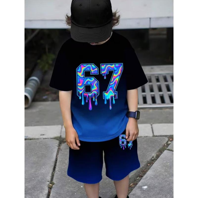 Conjunto de 2 piezas para niños de verano, casual, deportivo, tendencia, estampado de patrón 3D, camiseta de cuello redondo y conjunto de pantalones cortos