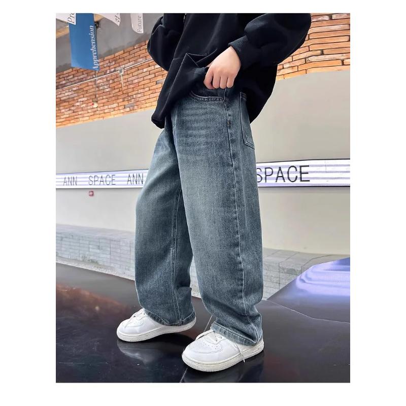 5-14Y Boys Jeans Pants Spring Kids Wide Leg Straight Trousers Autumn Loose-Fit Casual Trousers Children's Trendy Sweatpants