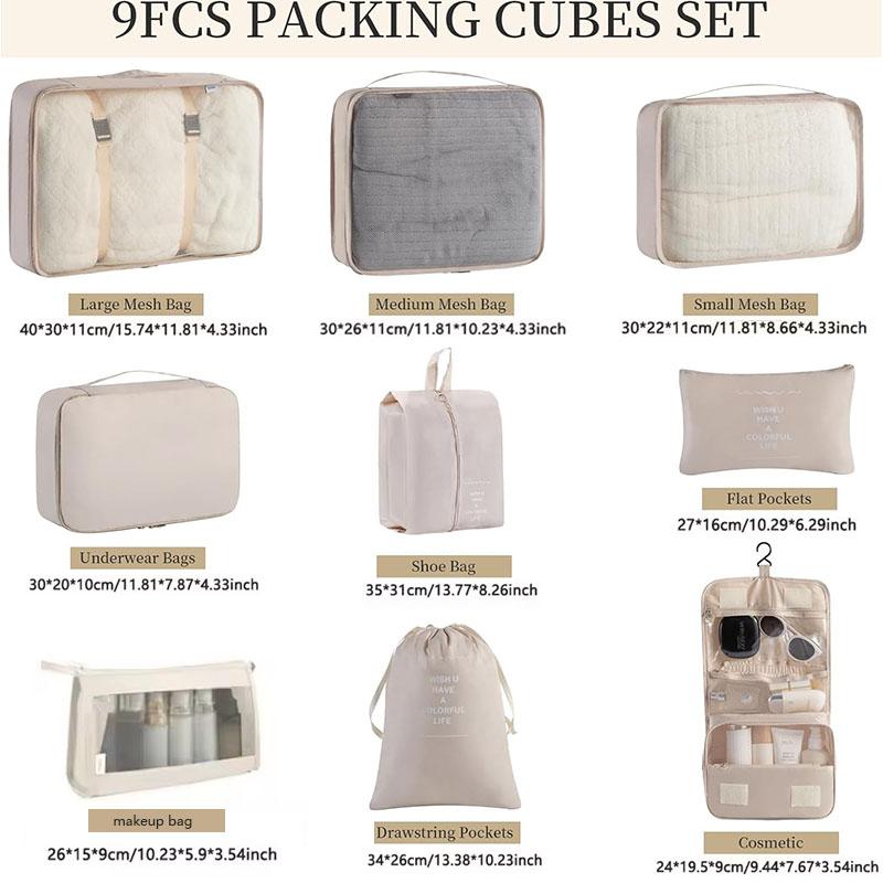 Travel Organizer Set 7/8/9/ Pcs Packing Cubes Suitcase Storage Bags Portable Luggage Tidy Pouch for Clothes & Shoes Folding