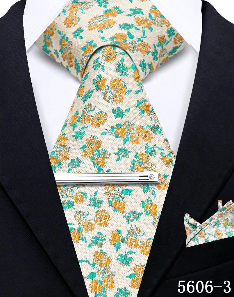 Men's Retro Floral Tie, Pocket Square & Tie Clip Set for Weddings